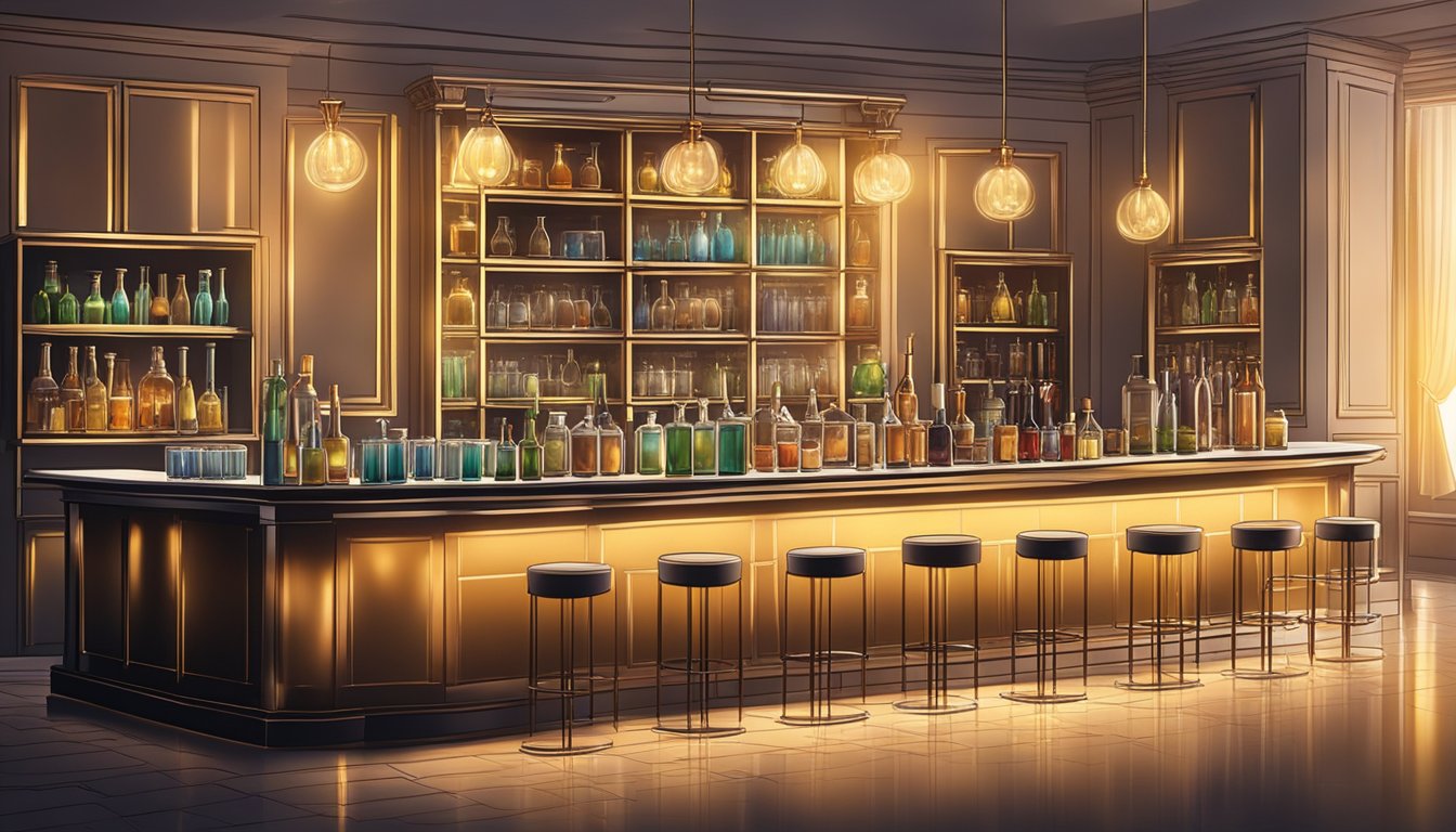 A collection of elegant glassware arranged on a sleek bar counter, catching the soft glow of overhead lighting, ready to showcase expertly crafted cocktails