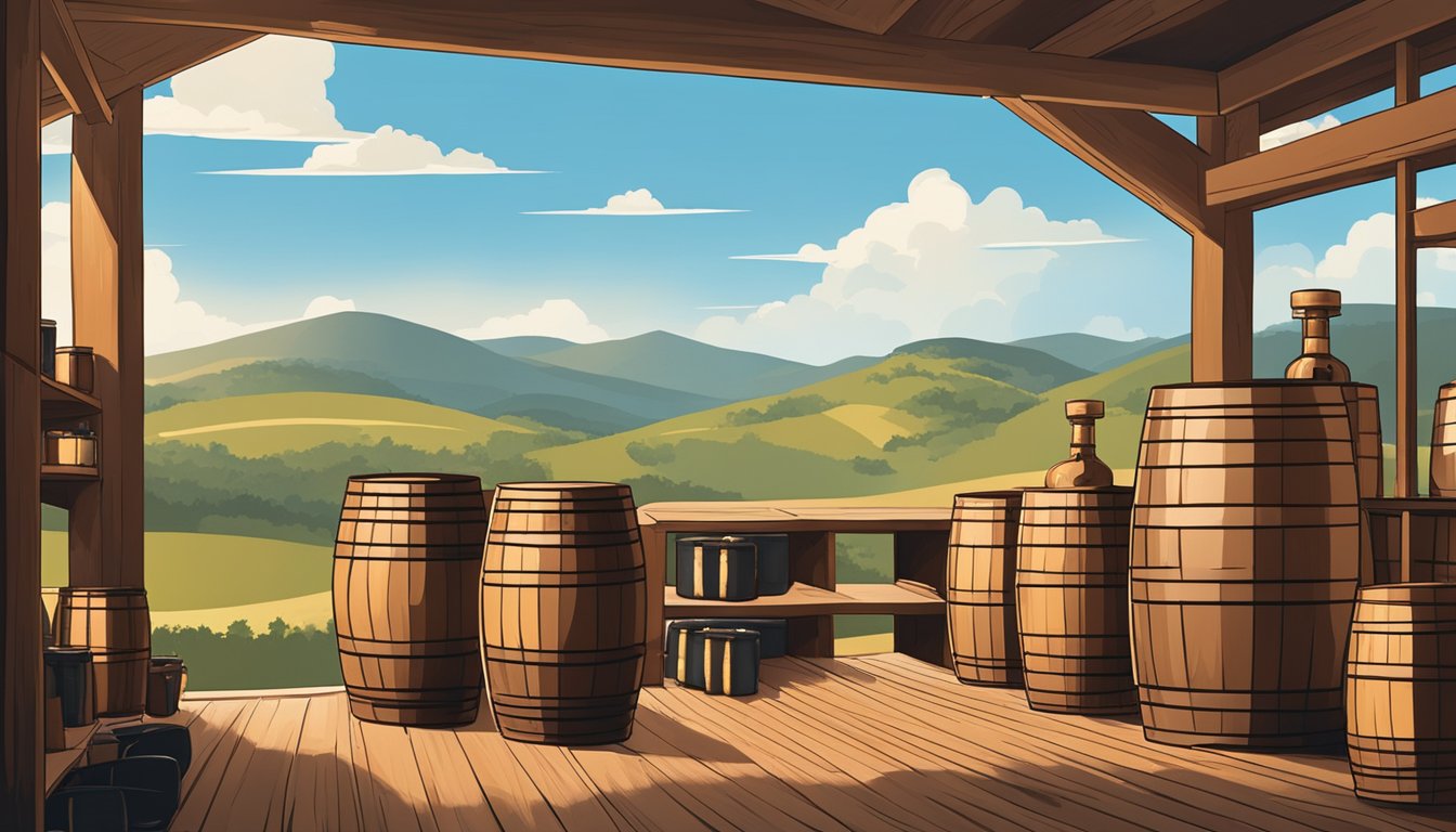 A rustic Texas distillery with copper stills, oak barrels, and shelves of whiskey and bourbon. A backdrop of rolling hills and a clear blue sky