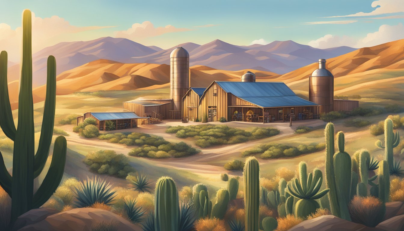 A Texas gin distillery nestled among rolling hills and cacti, with a copper still glistening in the sunlight