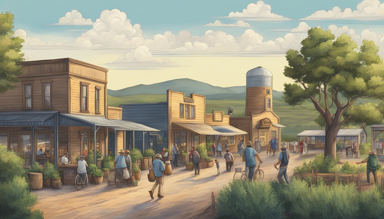 A bustling Texas town with distillery buildings, fields of juniper bushes, and locals enjoying gin tastings