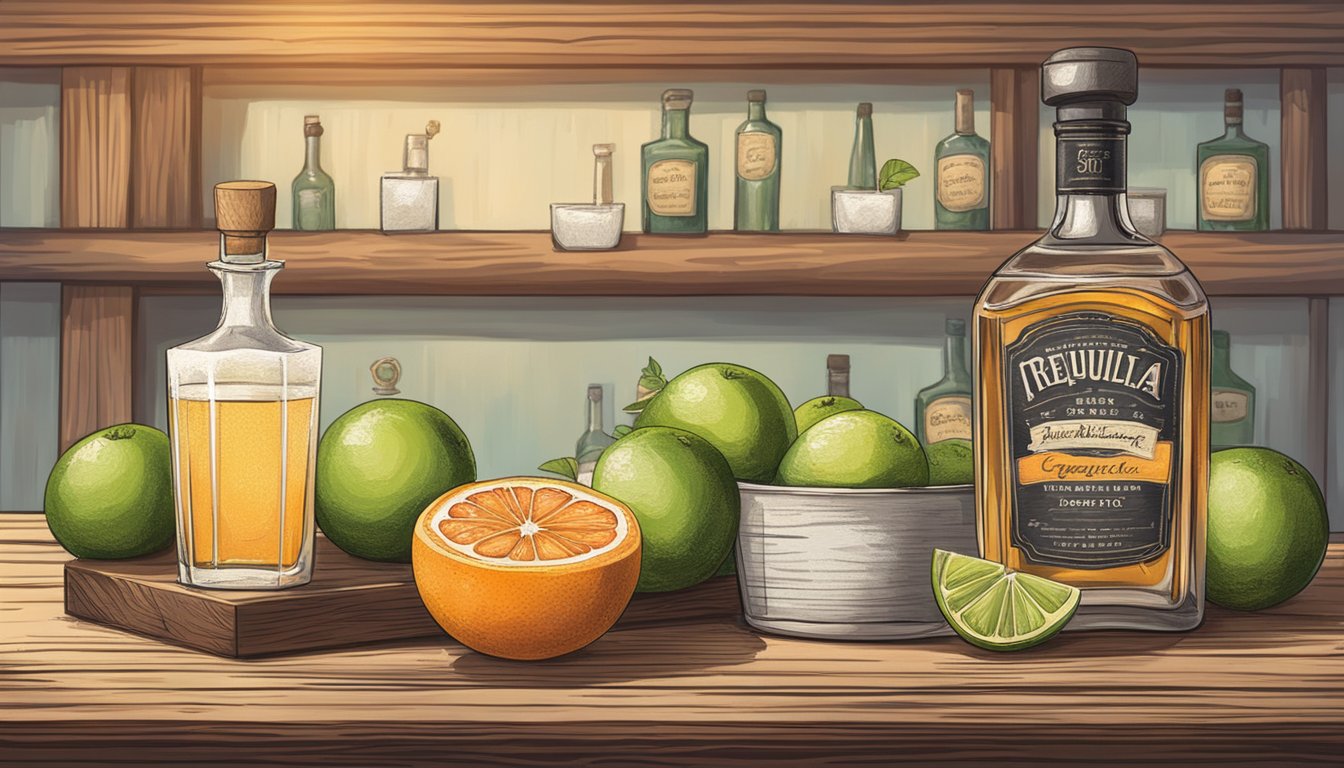 A vintage bar with a rustic wooden counter, adorned with fresh grapefruits, limes, and a bottle of tequila. A handwritten recipe card sits nearby