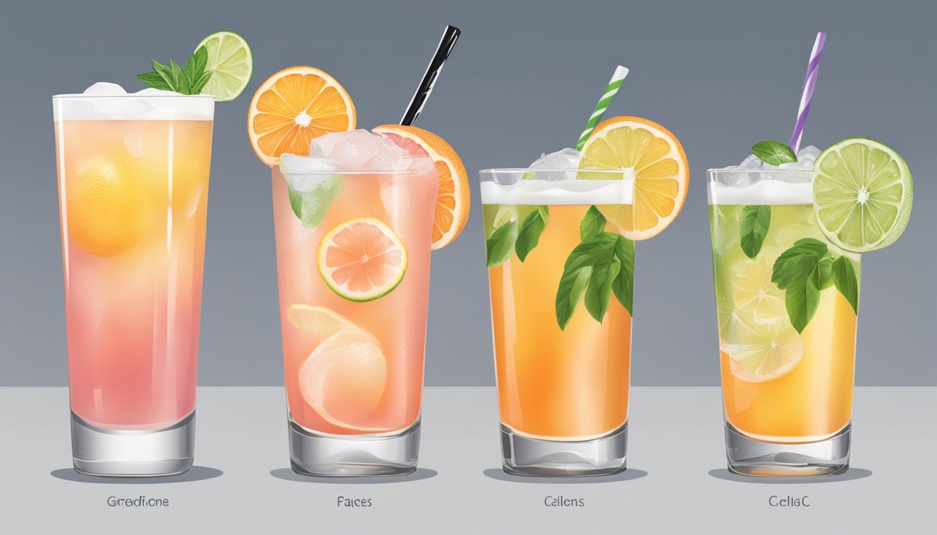 A series of images showing a progression from a grapefruit to a glass filled with a paloma cocktail, with key ingredients and steps in between