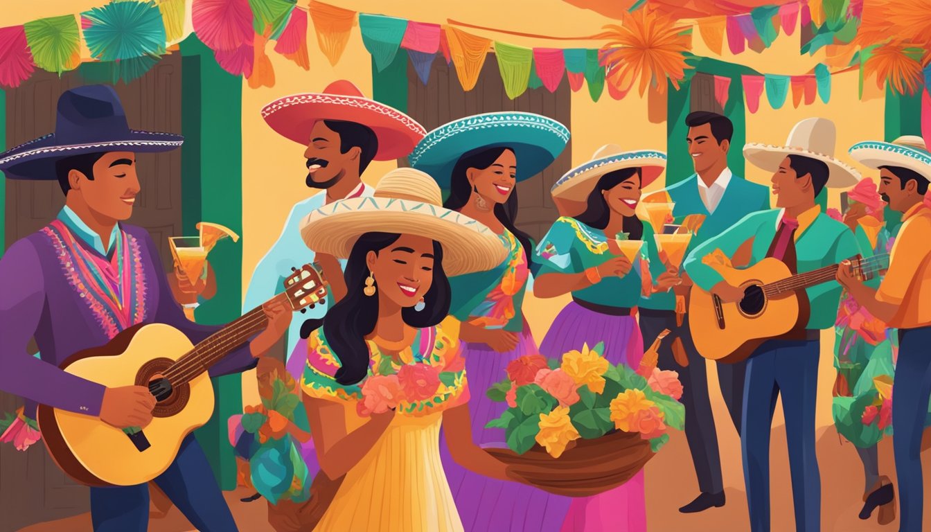 A festive Mexican fiesta with vibrant decor, mariachi music, and people enjoying paloma cocktails