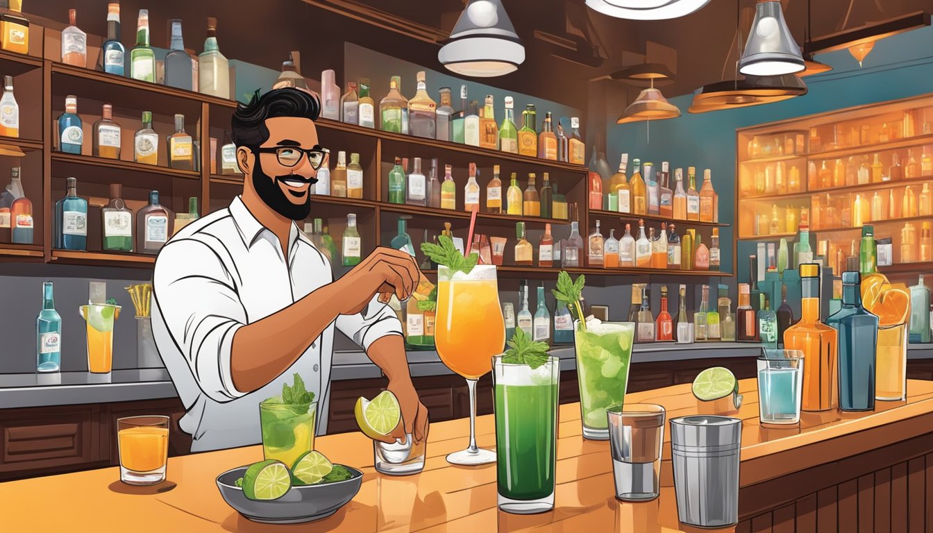 Bartender shaking cocktails with Texas ingredients in a lively bar setting