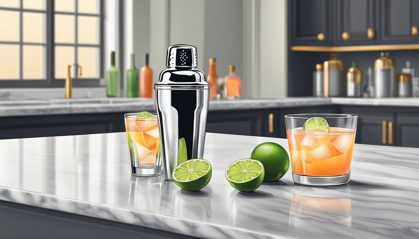 A modern bar setting with a classic cocktail shaker, grapefruit, lime, and tequila on a marble countertop