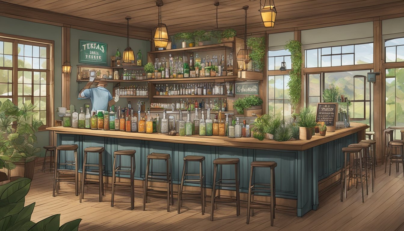 A bartending station with eco-friendly tools and ingredients, surrounded by Texas-themed decor and sustainable signage