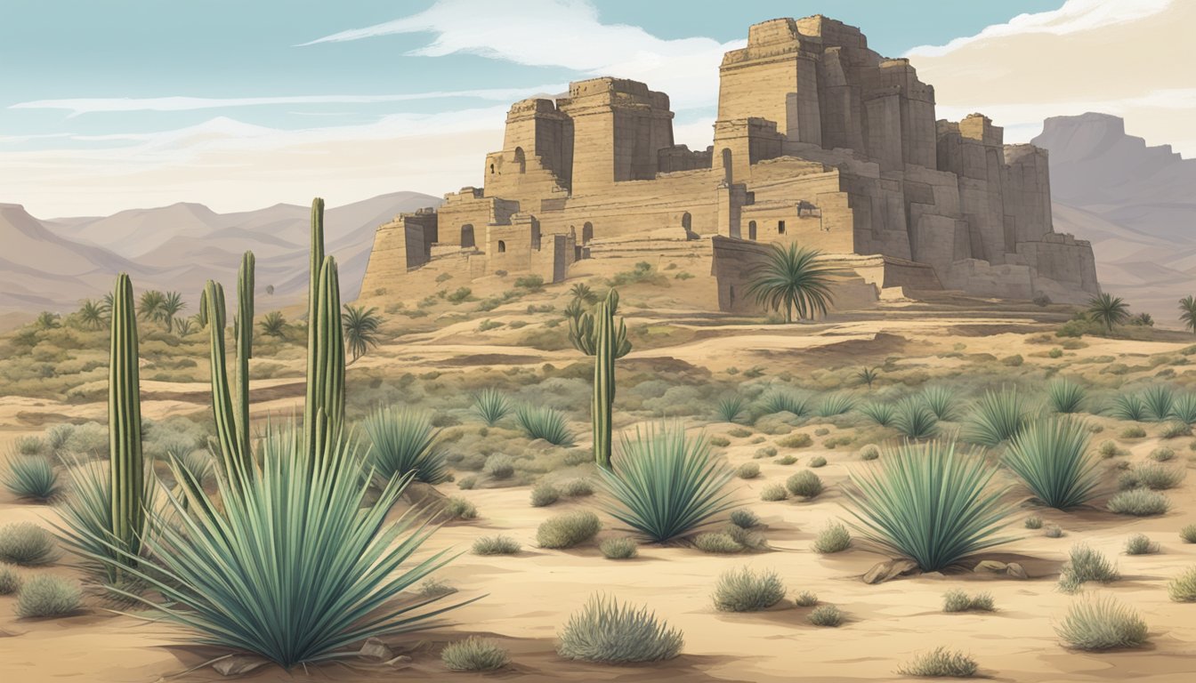 A desert landscape with sotol plants and ancient ruins, hinting at the history and origins of sotol production