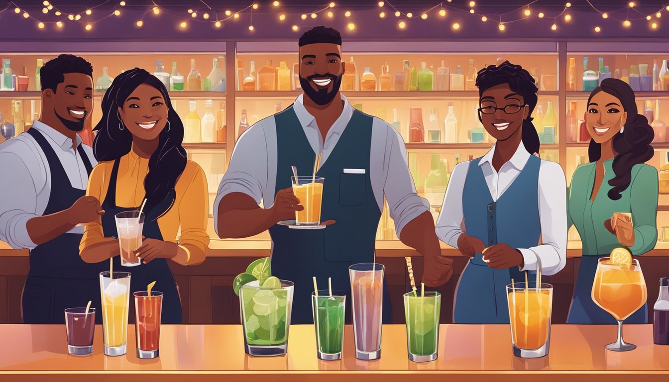 Bartenders of various ethnicities and genders working together in a lively and inclusive bar setting, shaking up cocktails and creating a welcoming atmosphere