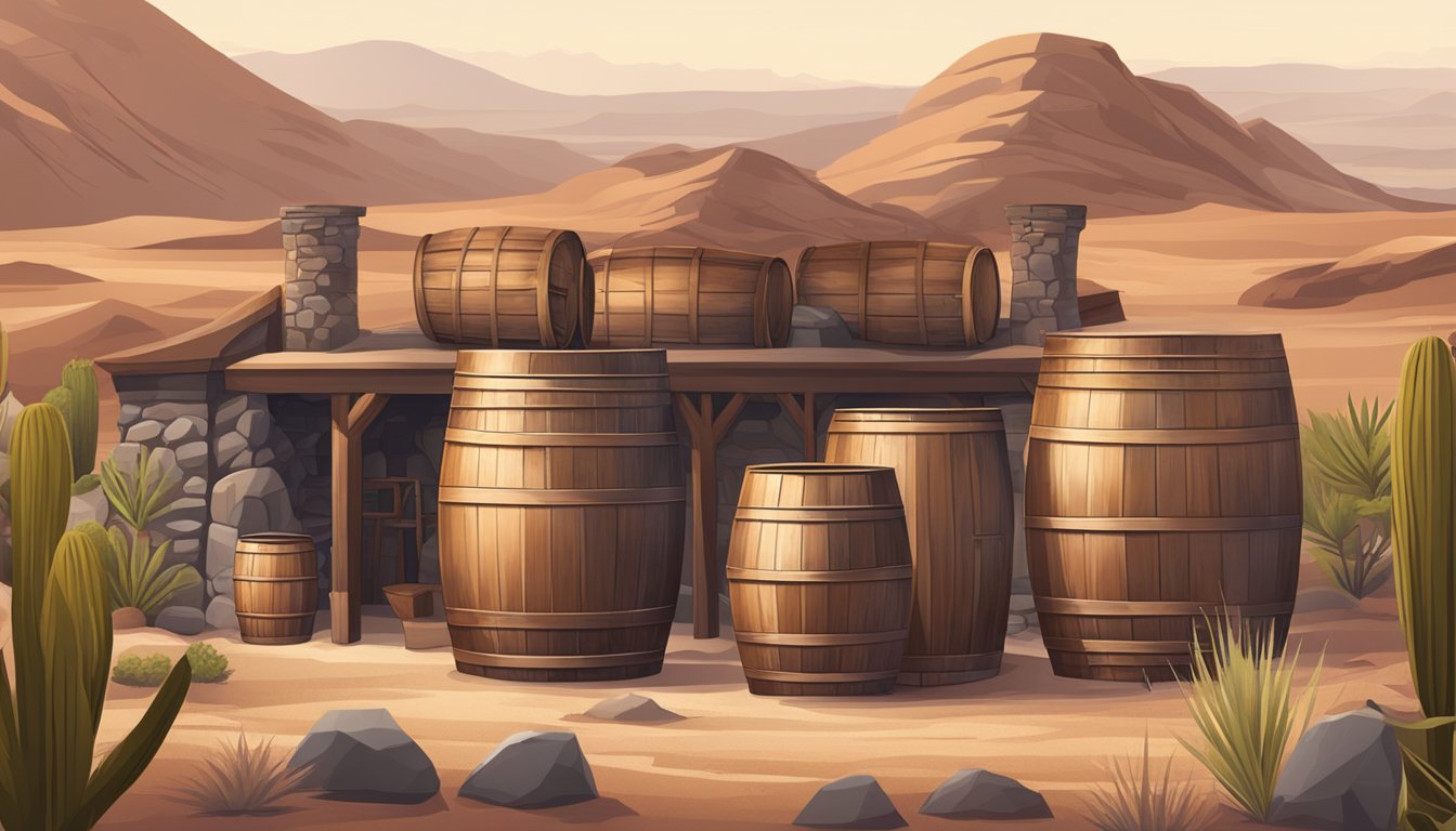 A rustic distillery with copper stills and wooden barrels, surrounded by desert plants and rocky terrain