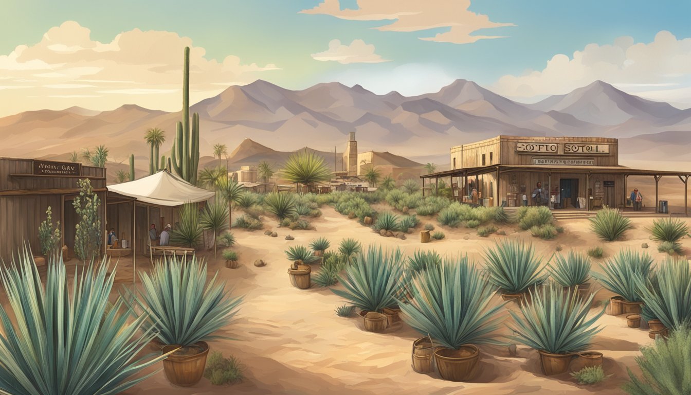 A desert landscape with sotol plants, a distillery, and bustling market showcasing the cultural and economic impact of sotol production