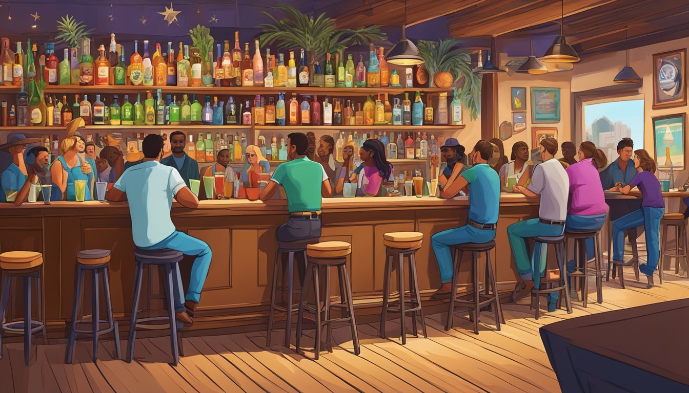 A bustling Texas bar with a diverse crowd sipping on colorful, elaborate non-alcoholic cocktails