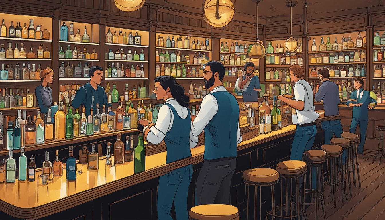 Bartenders crafting cocktails in a bustling Texas bar, surrounded by shelves of premium spirits and a lively, stylish atmosphere