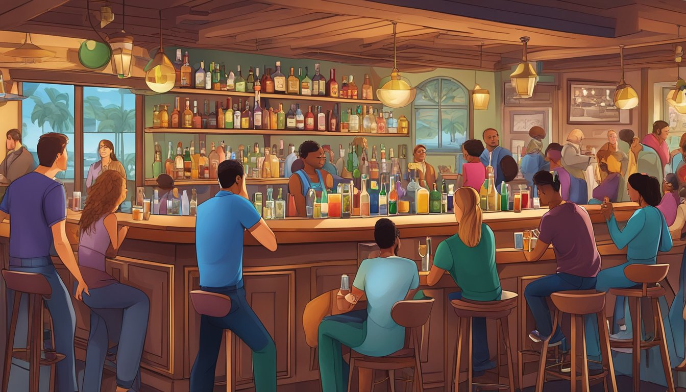 A bustling Texan bar with a variety of colorful, alcohol-free cocktails being served to a diverse crowd of patrons