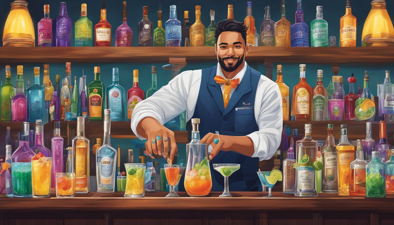 Bartenders in Texas, shaking cocktails with flair and precision, surrounded by an array of colorful spirits and mixers