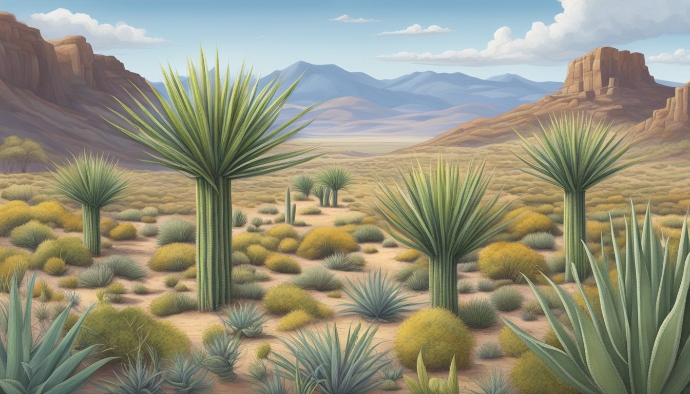 A desert landscape with a mature sotol plant at the center, surrounded by diverse native flora and fauna. The plant is being studied by scientists, with a focus on conservation and sustainable practices