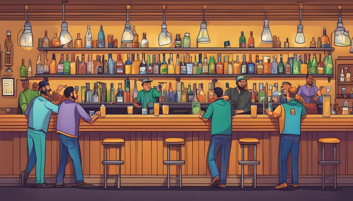 Bartenders mixing drinks in a lively Texas bar, engaging with regular customers, creating a vibrant and welcoming atmosphere