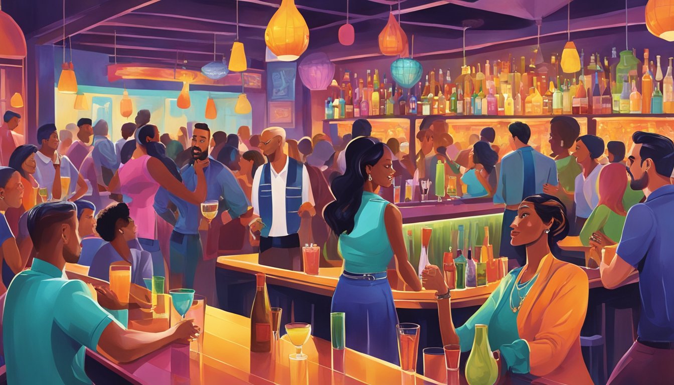 A vibrant bar scene in Texas with colorful, sophisticated non-alcoholic cocktails being served to a diverse group of patrons