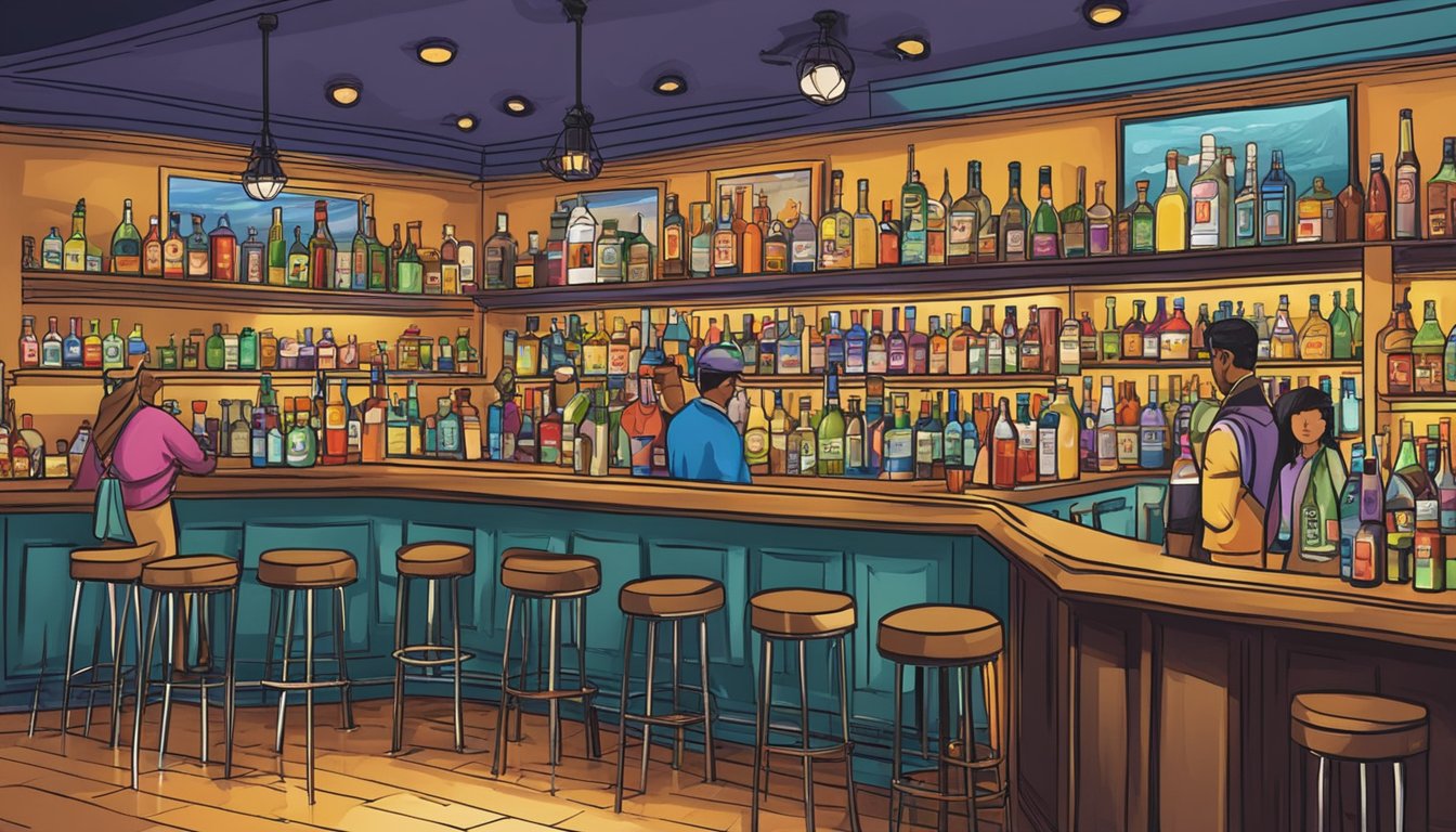 A bustling Texas bar with a wide array of colorful non-alcoholic cocktails on display, as patrons enjoy the trend of alcohol-free options