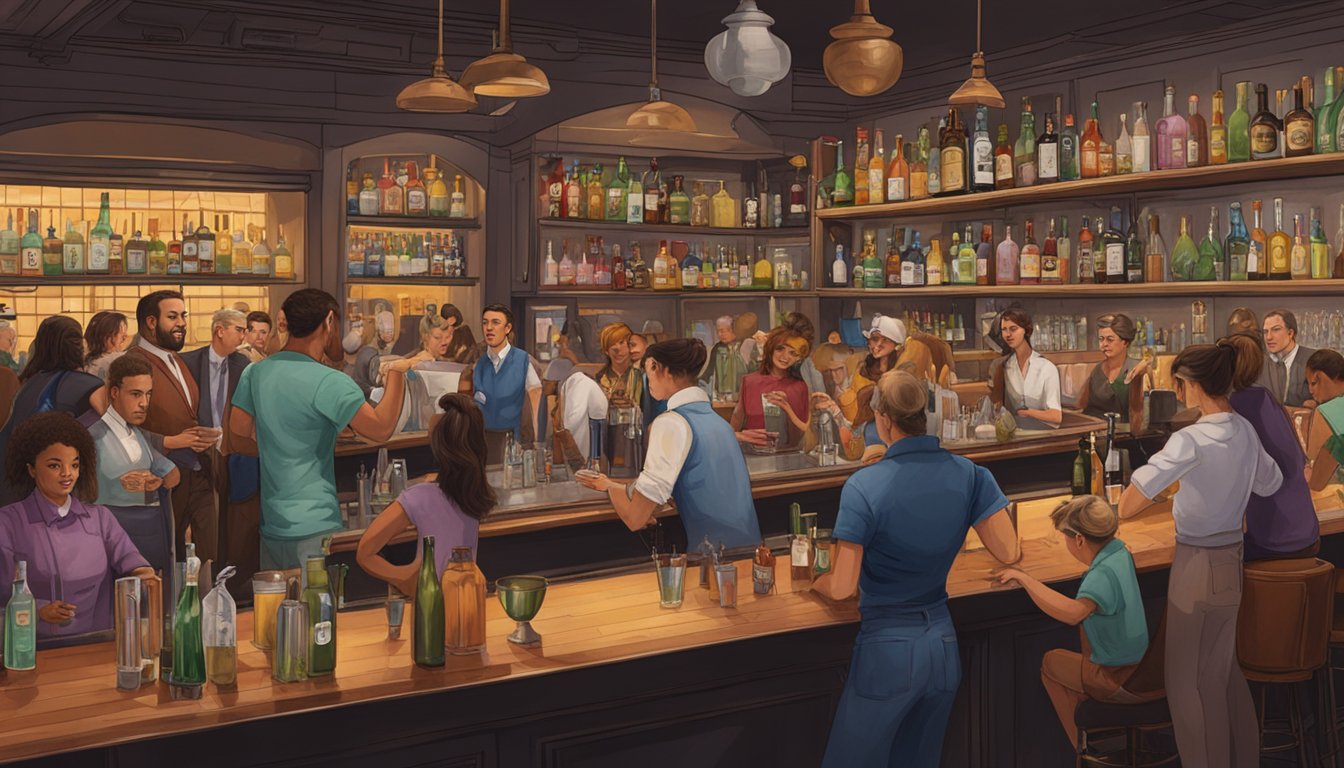 A bustling bar with female mixologists crafting cocktails, surrounded by eager patrons in Texas