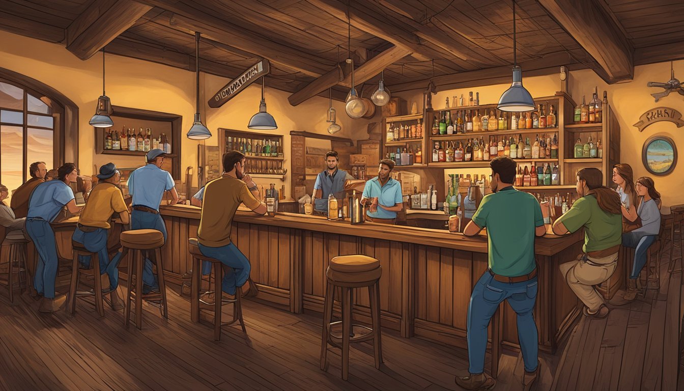 A bustling Texas craft beer cocktail bar, with patrons enjoying unique brew-infused drinks amidst a backdrop of rustic decor and lively conversation