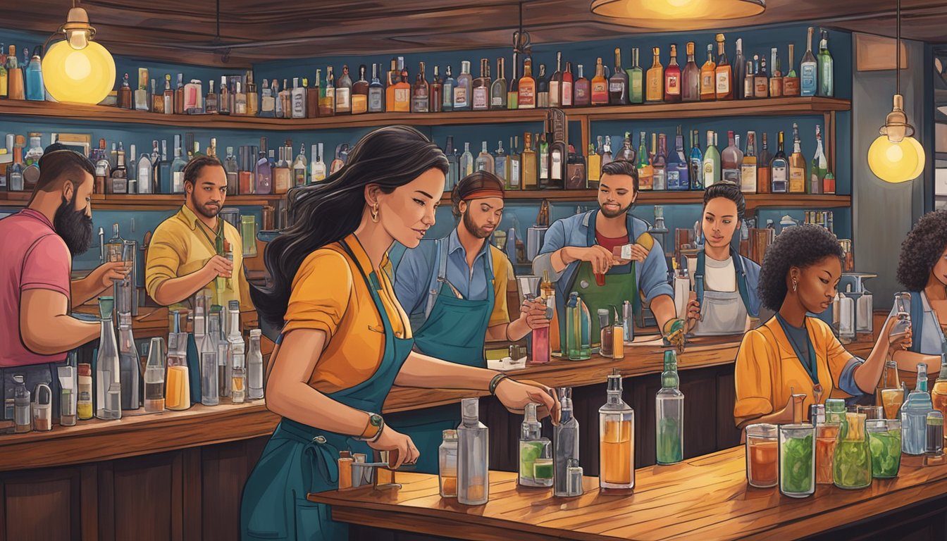 Female mixologists crafting cocktails at a bustling Texas bar, surrounded by a supportive community and industry professionals