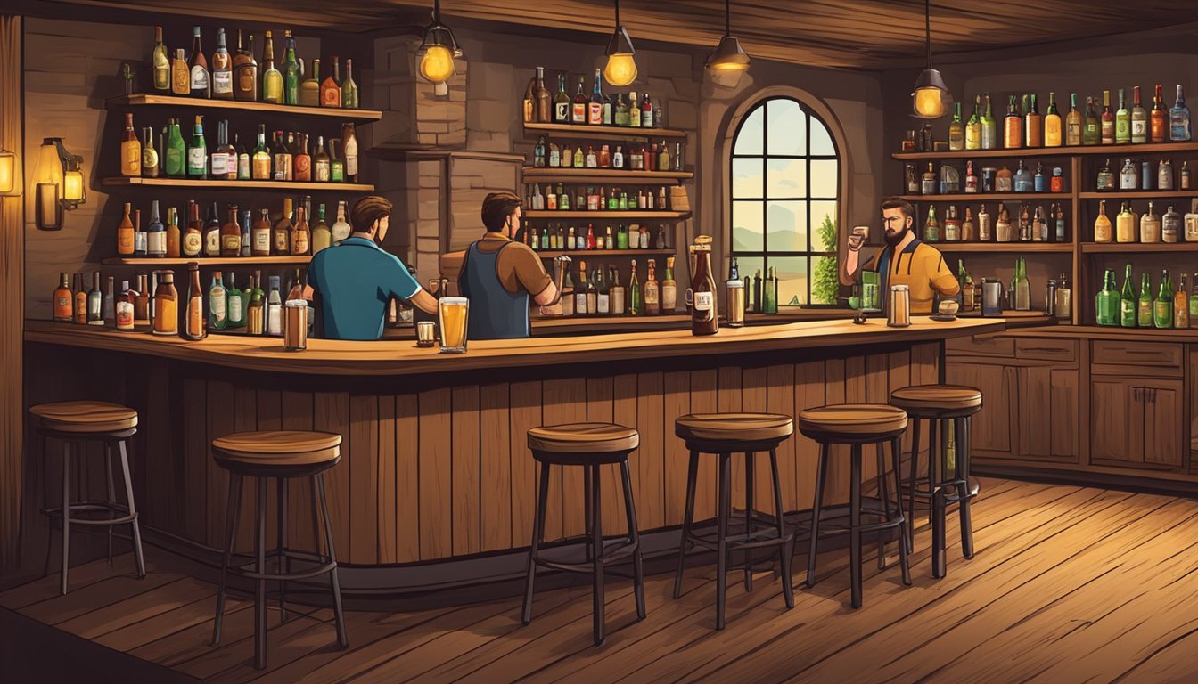 A rustic bar setting with shelves of craft beer and cocktail ingredients, bartenders mixing and pouring drinks, and customers enjoying unique beer cocktails