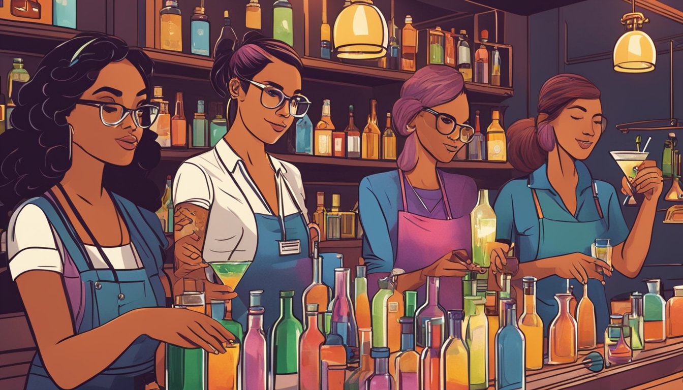 Female mixologists crafting cocktails in a trendy Texas bar, surrounded by vibrant bottles and fresh ingredients. Customers eagerly watch as the women showcase their skills, representing the challenges and opportunities of their rise in the industry