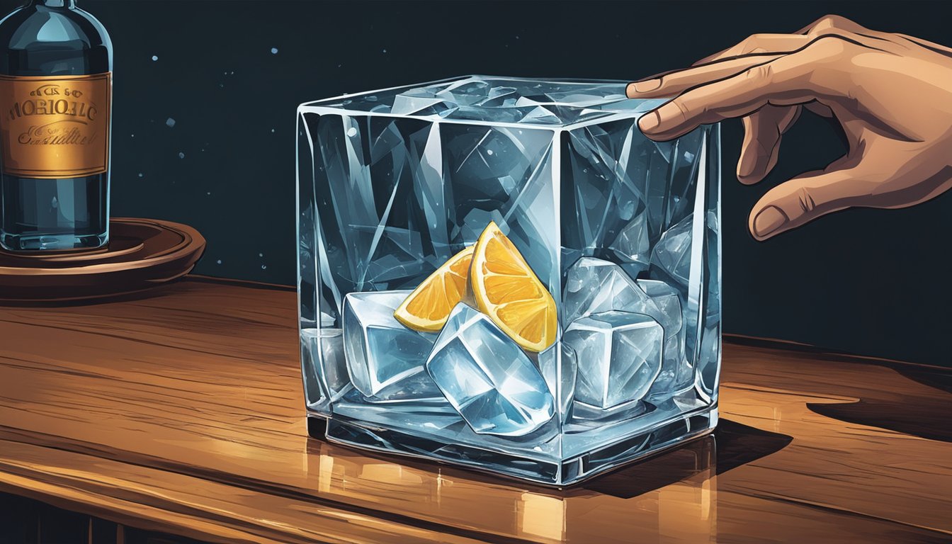 A mixologist carefully selects and carves a large block of ice, shaping it into a perfect cube for a classic cocktail. The ice glistens in the dimly lit bar, reflecting the warm ambiance and rich history of mixology