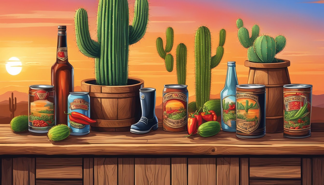 A rustic wooden bar adorned with cactus, cowboy boots, and chili peppers, set against a backdrop of a Texas sunset