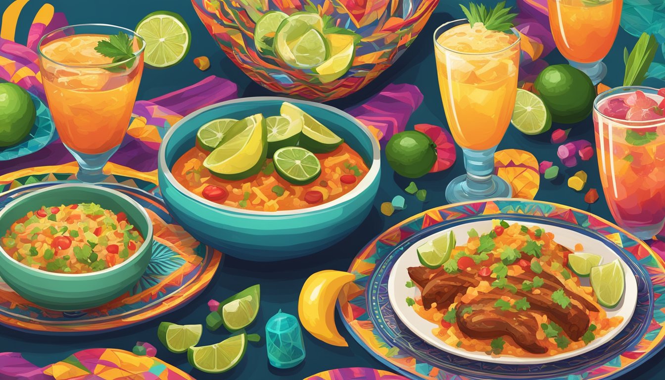 A colorful spread of Tex-Mex dishes surrounded by vibrant cocktails in matching glassware, set against a backdrop of festive decor and traditional Mexican patterns