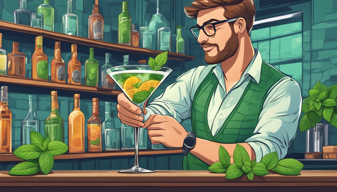 A bartender carefully places a sprig of fresh mint on the rim of a cocktail glass, adding the perfect finishing touch to the drink