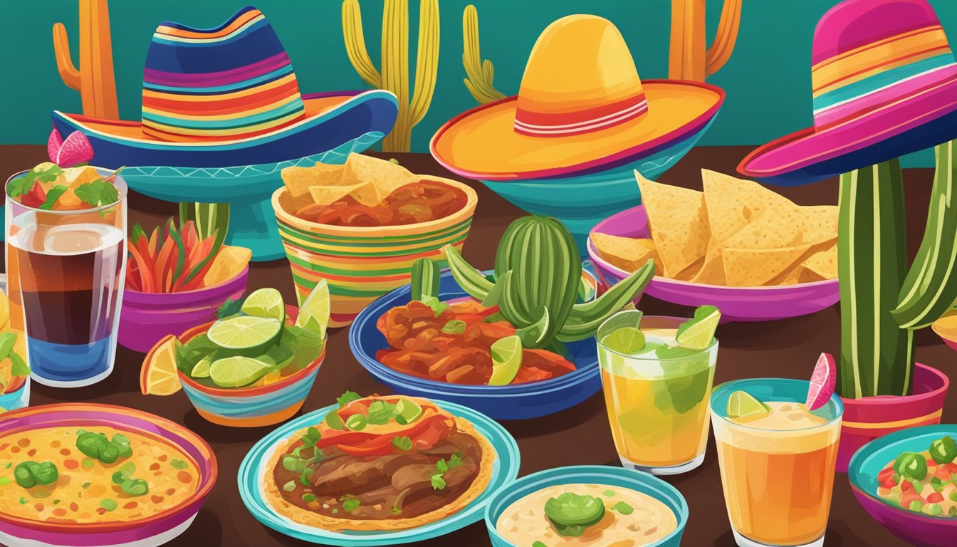 A colorful spread of classic Tex-Mex dishes paired with vibrant cocktails, set against a festive backdrop of cacti, sombreros, and mariachi instruments