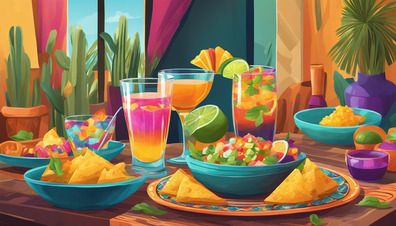 A festive table with colorful Tex-Mex dishes and vibrant cocktails arranged in artistic glassware, set against a backdrop of southwestern decor