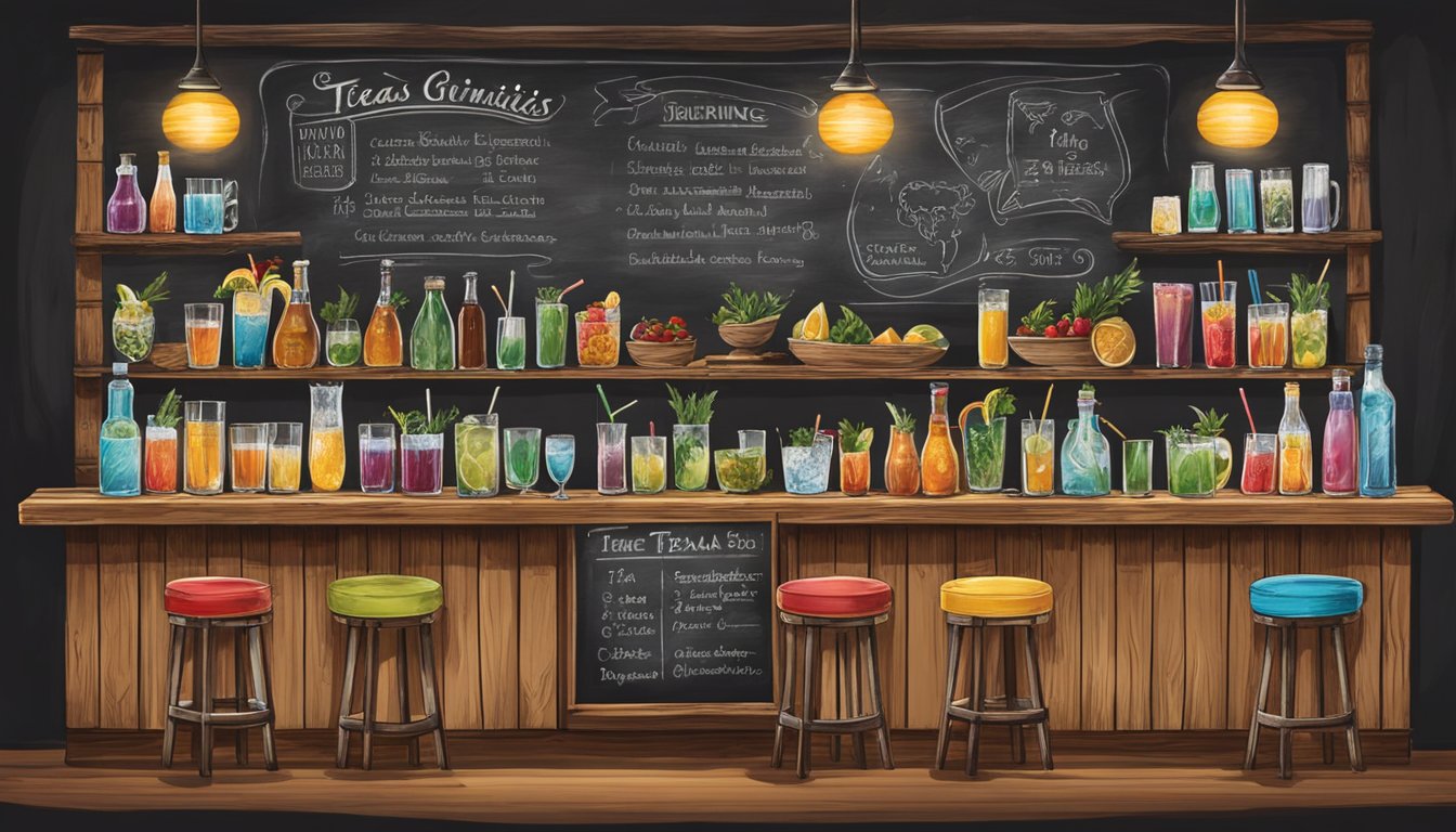 A rustic wooden bar adorned with colorful Texas-themed cocktails and garnishes. A bartender expertly pairs drinks with recipes displayed on a chalkboard