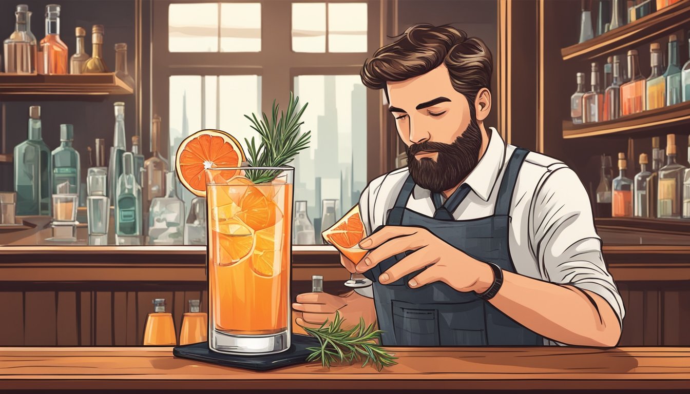 A bartender carefully garnishes a Texas cocktail with a slice of juicy grapefruit and a sprig of fresh rosemary, adding a pop of color and aroma to the drink