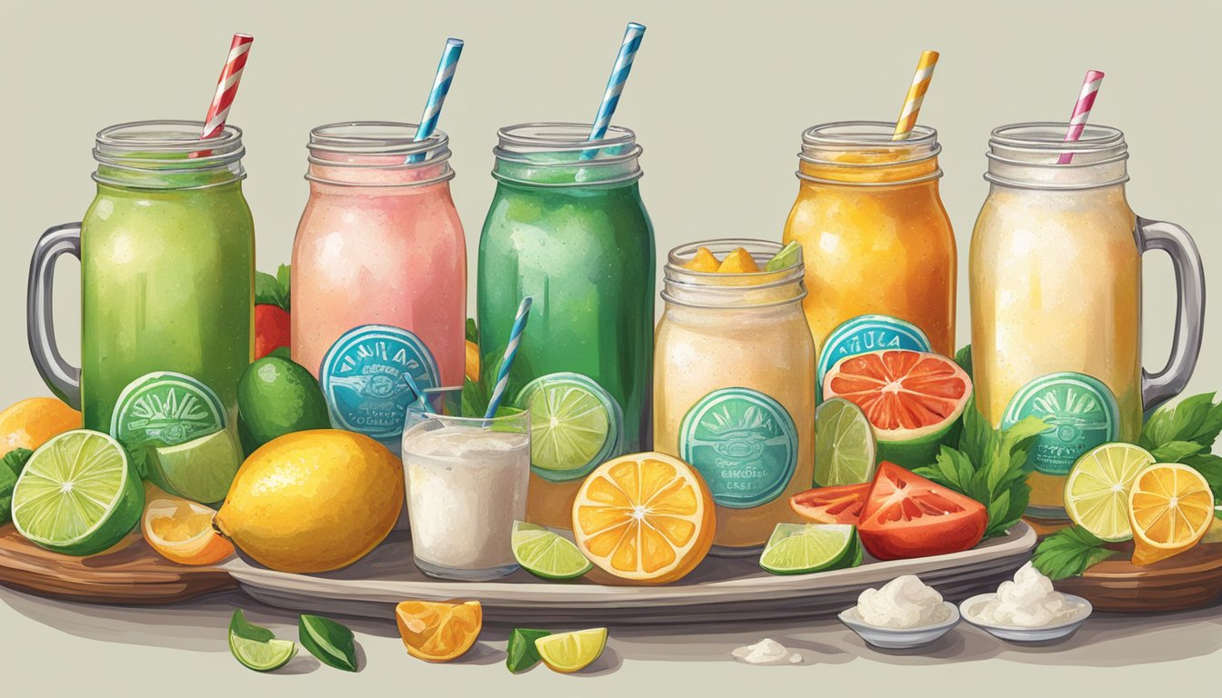 A colorful spread of non-alcoholic beverages like aguas frescas, horchata, and Mexican sodas, alongside a platter of Tex-Mex cuisine