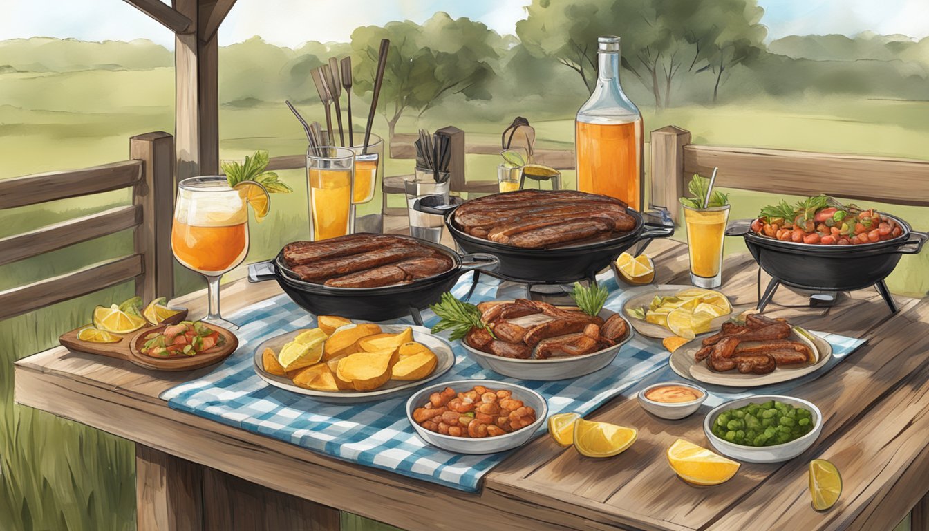 A rustic outdoor BBQ setting with a wooden table adorned with signature Texas cocktails and a spread of BBQ dishes