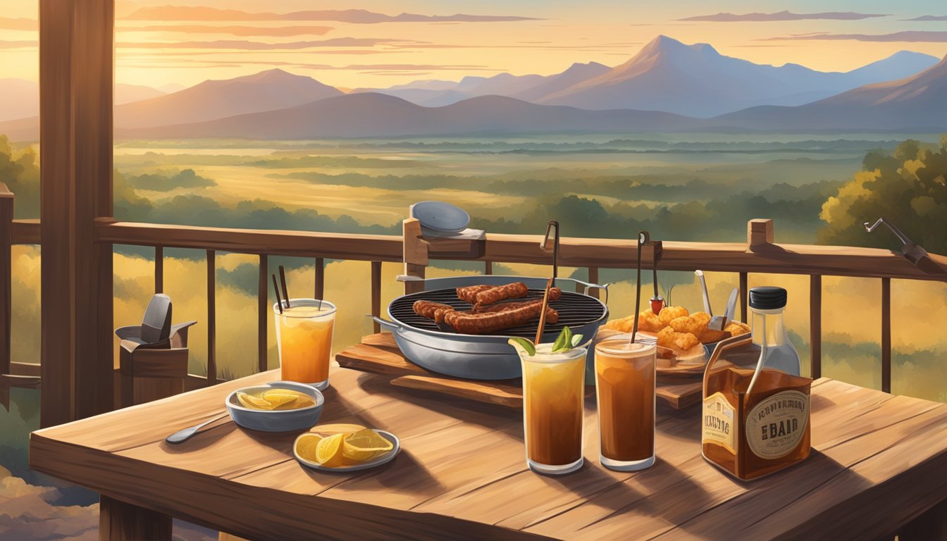 A rustic Texas BBQ spread with non-alcoholic cocktails, set against a backdrop of a Texas landscape with a warm, inviting atmosphere