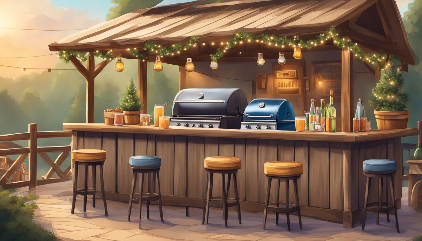 A rustic outdoor barbecue setting with a Texan cocktail bar, featuring festive decorations and a cozy atmosphere