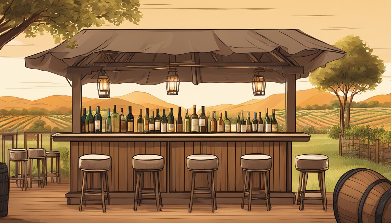 A rustic outdoor bar with a variety of Texas wine cocktails on display, surrounded by vineyards and a warm, inviting atmosphere