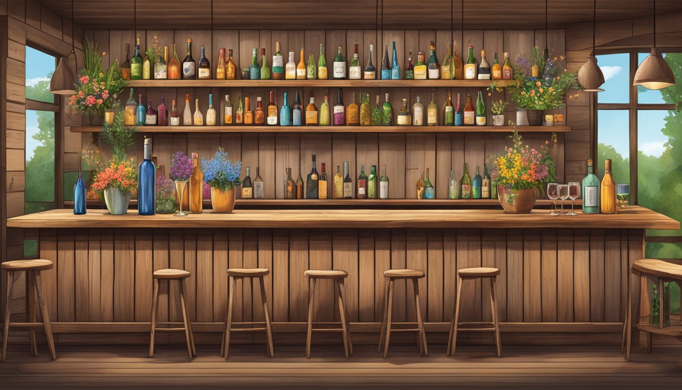 A rustic wooden bar adorned with vibrant wildflowers and shelves lined with Texas wine bottles and cocktail ingredients