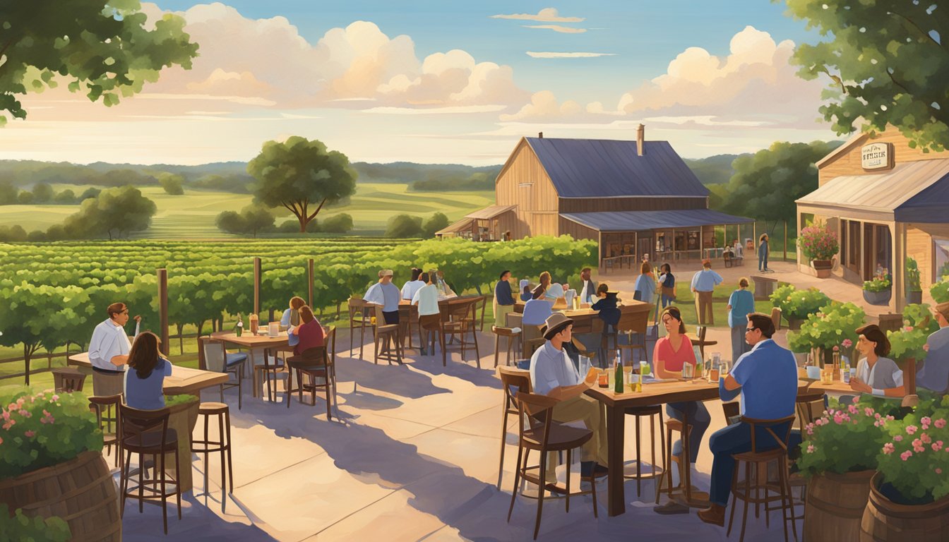 Vineyards and distilleries nestled in the Texas countryside, with patrons sipping wine cocktails on outdoor patios