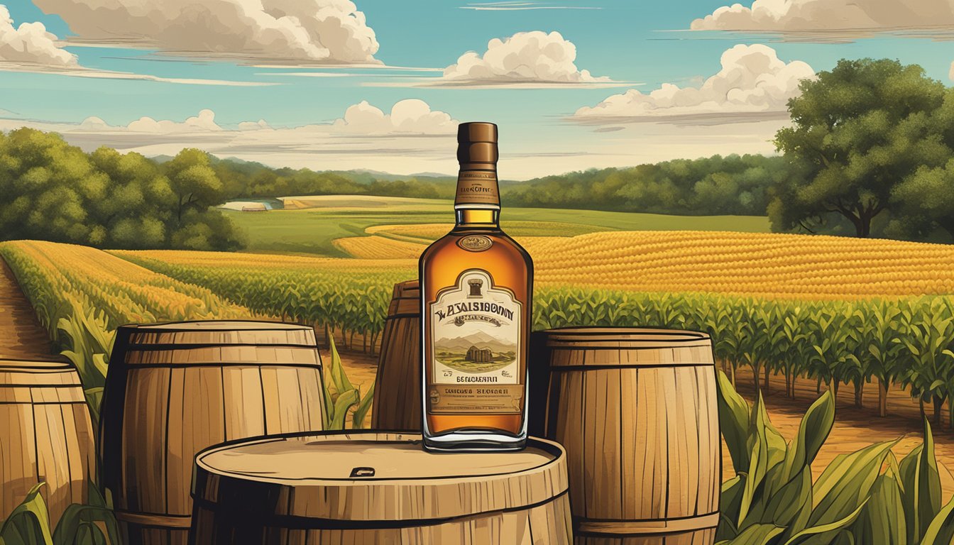 A bottle of Texas bourbon sits next to a bottle of Kentucky bourbon, both surrounded by oak barrels and corn fields