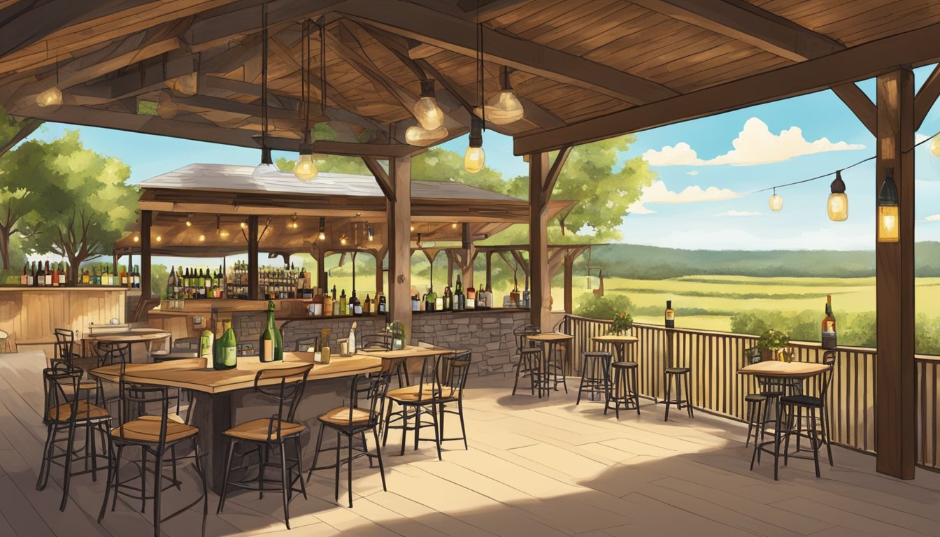 A rustic Texas winery with a bustling outdoor patio, where patrons enjoy colorful wine cocktails in the warm afternoon sun