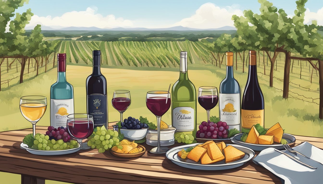 A table set with various Texas wine cocktails and corresponding food pairings, surrounded by a rustic Texas vineyard landscape