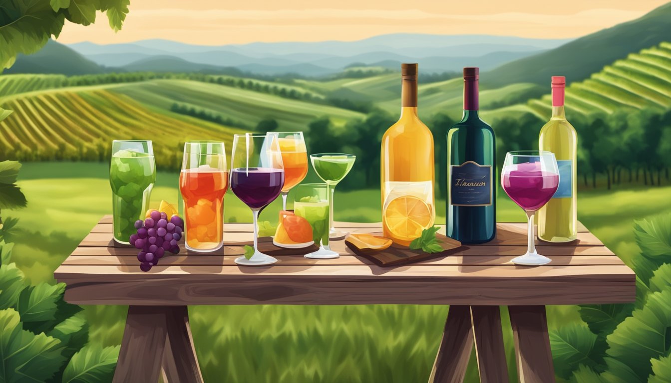 A rustic vineyard setting with a variety of colorful wine cocktails on a wooden table surrounded by lush greenery and rolling hills in the background