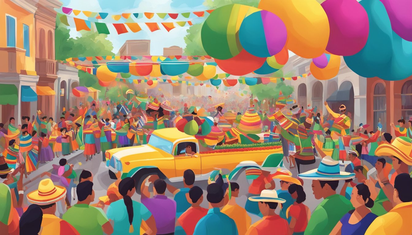 A vibrant parade in Texas, with colorful floats, mariachi bands, and people dancing to celebrate Cinco de Mayo