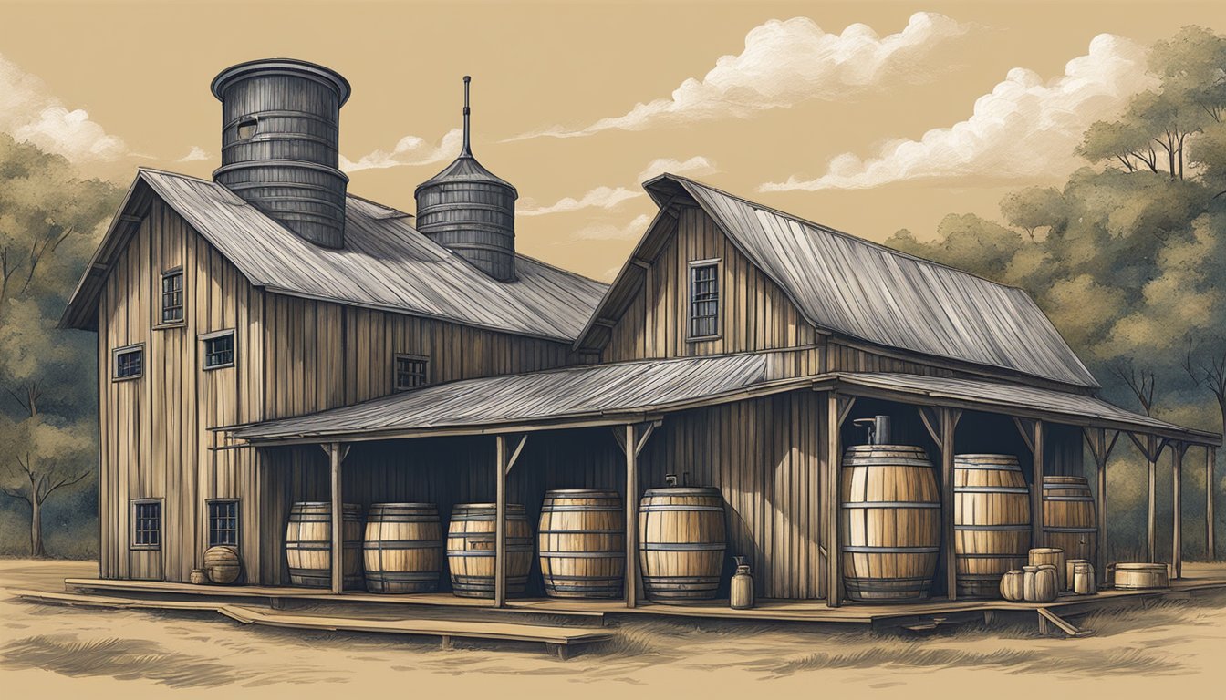 A rustic distillery in Texas contrasts with a traditional Kentucky bourbon distillery, each with their unique branding and iconic bottles