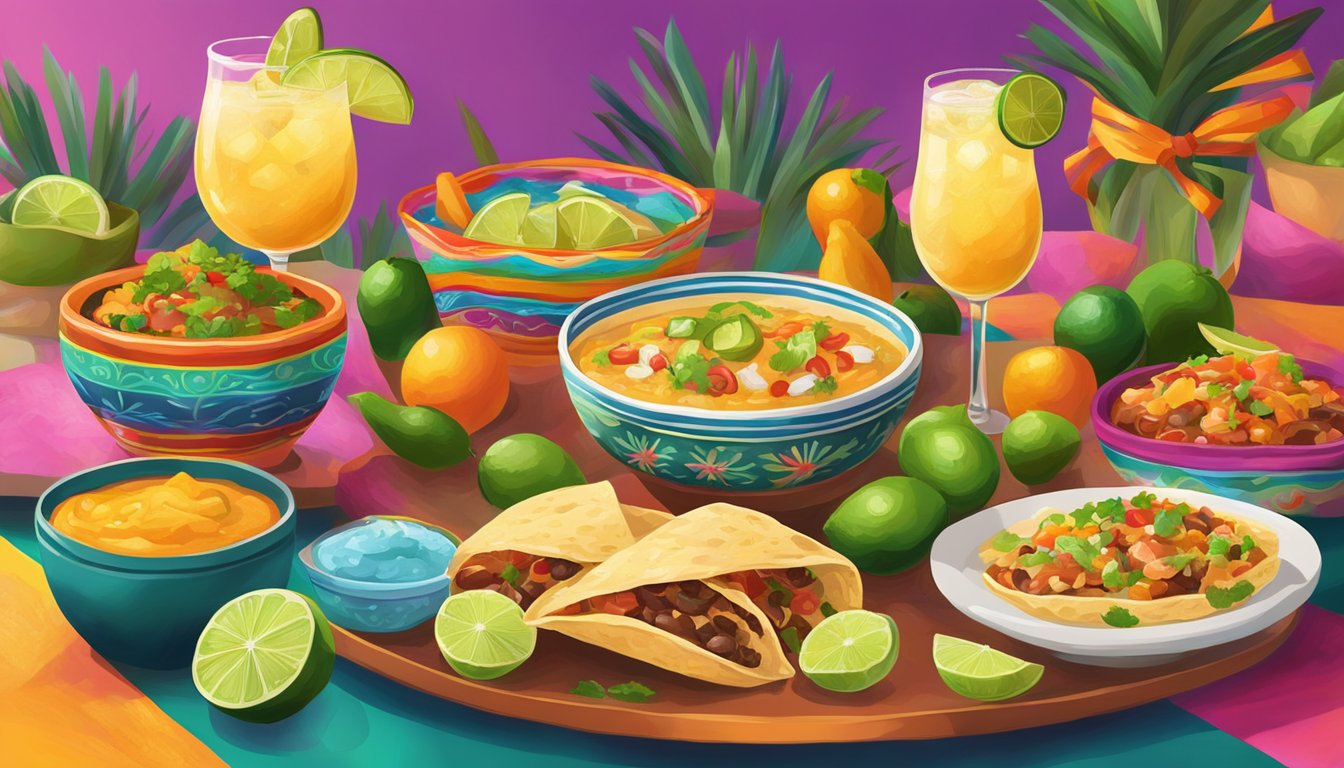 A festive spread of Tex-Mex cuisine and margaritas, adorned with vibrant colors and traditional Mexican decor