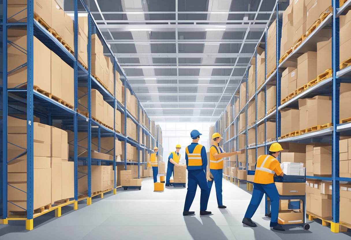 A warehouse with rows of flat-packed IKEA cabinets stacked on shelves, surrounded by workers assembling and packaging them for shipment